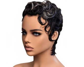 Perruque pixie effet mouillé et ondulé : 100 % cheveux humains, sans colle, facile à poser - ALI