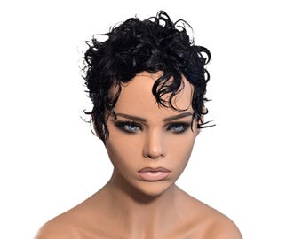 Keyshia - Petite Curly Human Hair Wig Wet & Wavy Pixie Cut  Glueless Jet Black Wig