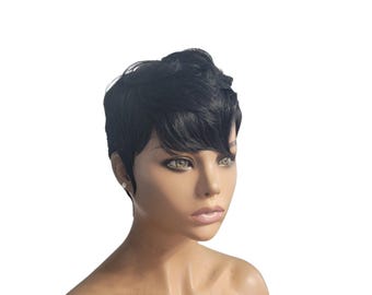Jet Black 100% Human Hair Pixie Wig: Asymmetrical Layered Razor Cut