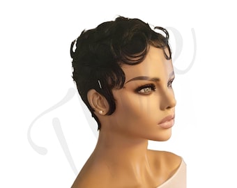 Perruque courte bouclée en cheveux humains : coupe pixie ondulée et mouillée - Perruque noire sans colle