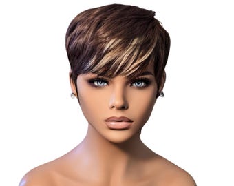 DIONE - Perruque courte dégradée brune en cheveux humains : Perruque courte effilée idéale pour débutantes