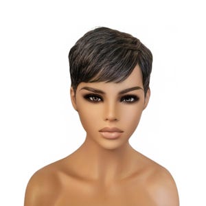 May include: A mannequin head with a short, layered wig. The wig is a mix of gray and dark brown, styled with a side part. The mannequin has a neutral skin tone, with dark eye makeup and a nude lip color. The background is plain white.
