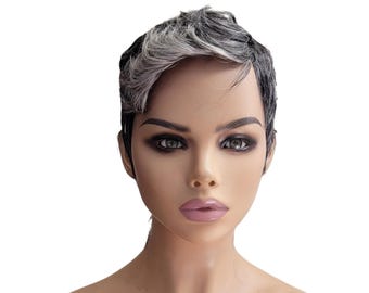 Perruque Pixie Coupe Rasée : Perruque courte grise en cheveux humains avec frange