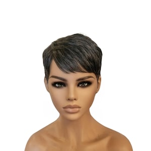 Salt and Pepper Pixie Wig 100% Human Hair Layered Bang Cut - LOLA