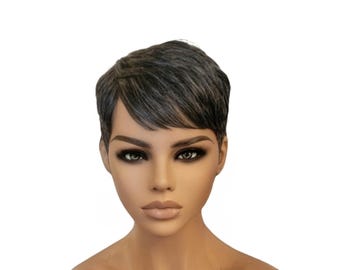Salt and Pepper Pixie Wig 100% Human Hair Layered Bang Cut - LOLA