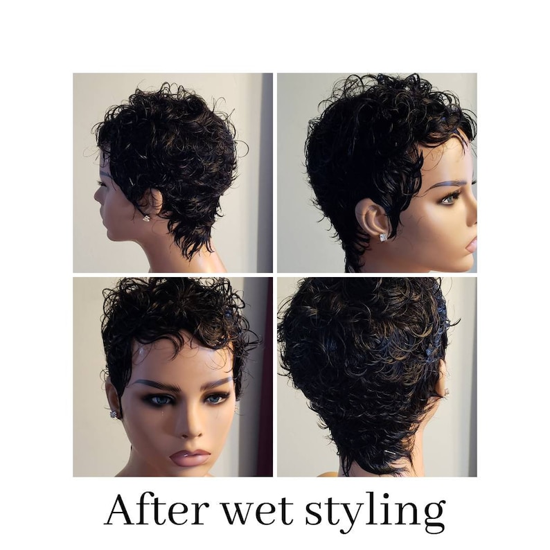 Petite Curly Human Hair Wig: Wet & Wavy Pixie Cut - Glueless Black Wig bild 4