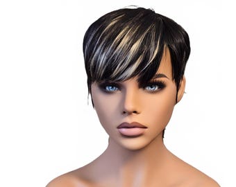 Perruque 100 % cheveux humains, coupe pixie bol dégradée avec mèches et frange éclaircie - VICTORIA