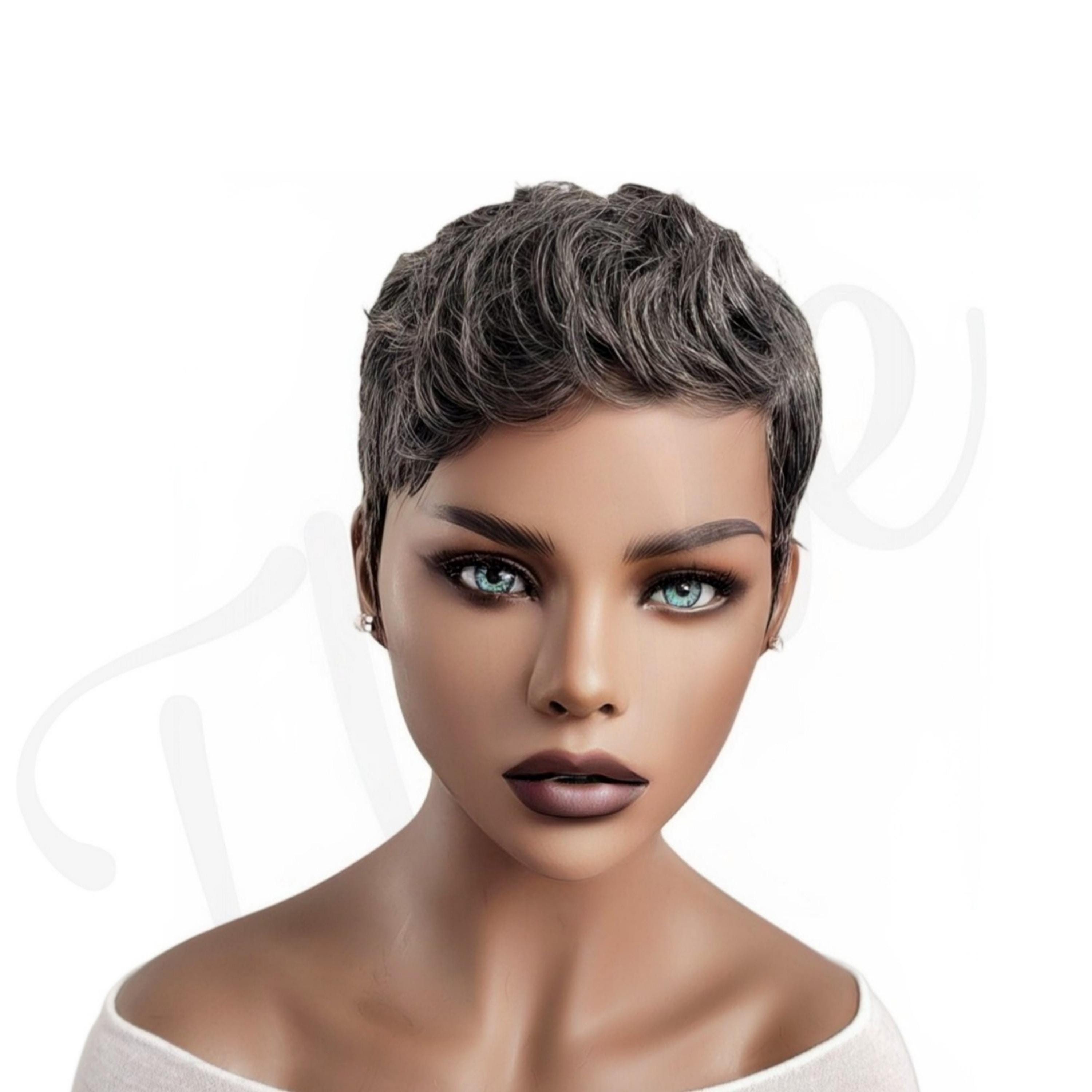 Short Salt and Pepper Pixie Cut Wig for Women Layered Synthetic Curly Wig with Short Pixie Cut Layered Wig with Bangs for White Women Pixie  main image 3