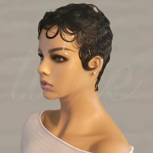 Petite Curly Human Hair Wig: Wet & Wavy Pixie Cut - Glueless Black Wig bild 5