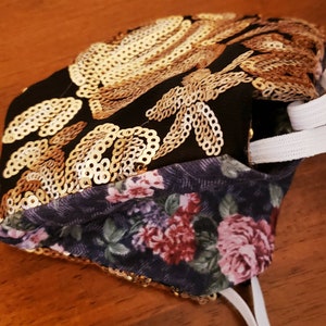 Black and Gold Sequin Sparkly Facemask with Removable Fleece Insert/ 3 Layers +