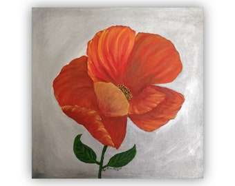 Original Floral Painting on canvas, 15X14", Red Poppy Flower Original Artwork, Flower Wall Decor, One of a kind Hand painted by Gitika Singh