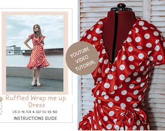 May include: A red and white polka dot wrap dress with a ruffled neckline and short sleeves. The dress is on a mannequin and has a tie at the waist. The text "YOUTUBE VIDEO TUTORIAL" is visible in the image.