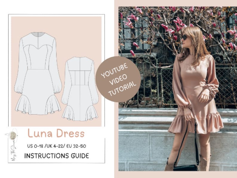 Patrón de costura en PDF para vestido con mangas abullonadas, detalles de volantes, vestido midi romántico, ideal para principiantes, tallas de mujer (EE. UU. 0-18), descarga instantánea. imagen 1