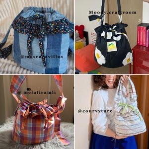 K&ouml;nnte beinhalten: Eine Sammlung handgefertigter Beutel mit Kordelzug in verschiedenen Stilen. Eine Tasche ist aus Jeansstoff mit floralen Verzierungen, eine andere ist schwarz mit Ei- und Zitronenmustern, eine dritte ist kariert und die letzte gestreift mit gr&uuml;nem Band.