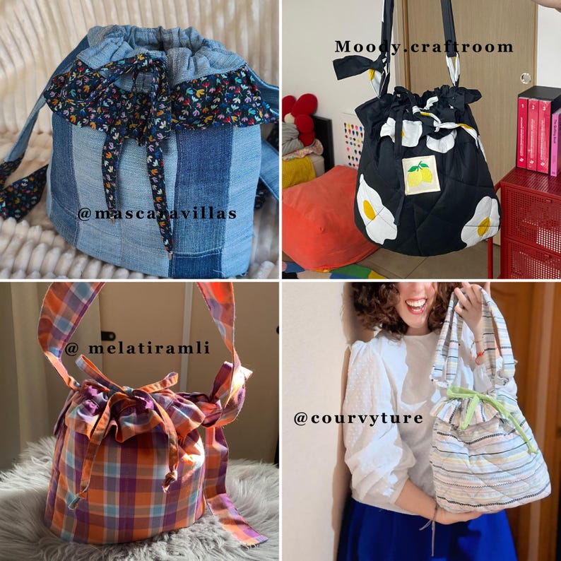 K&ouml;nnte beinhalten: Eine Sammlung handgefertigter Beutel mit Kordelzug in verschiedenen Stilen. Eine Tasche ist aus Jeansstoff mit floralen Verzierungen, eine andere ist schwarz mit Ei- und Zitronenmustern, eine dritte ist kariert und die letzte gestreift mit gr&uuml;nem Band.