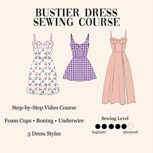 May include: An illustration for a bustier dress sewing course. The image features three dress styles: a white dress with red cherry patterns, a purple gingham dress, and a pink striped dress. Text includes "Step-by-Step Video Course" and "3 Dress Styles."