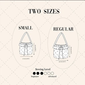 K&ouml;nnte beinhalten: Diagramm mit zwei Tragetaschengr&ouml;&szlig;en, klein und normal, mit Abmessungen in cm und Zoll. Die kleine Tasche ist 27 cm (10⅝") breit und 22 cm (8&frac34;") hoch, w&auml;hrend die normale Tasche 32 cm (12&frac12;") breit und 26 cm (10&frac14;") hoch ist. N&auml;hniveau: Anf&auml;nger.