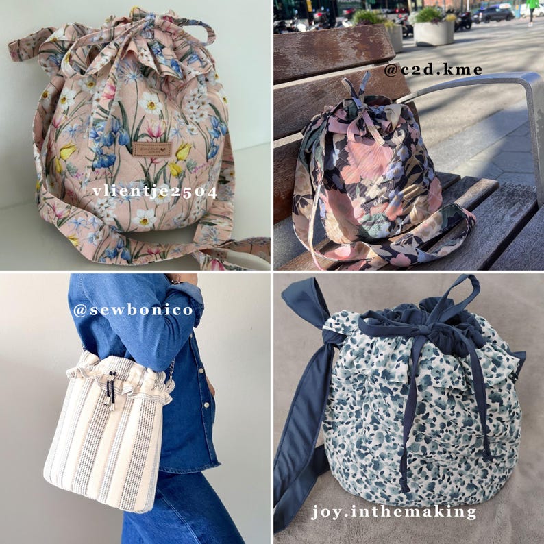 K&ouml;nnte beinhalten: Vier Kordelzugbeutel mit floralen und gemusterten Designs. Eine Tasche ist rosa mit einem Blumenmuster, eine andere hat einen dunklen Blumendruck, eine dritte ist gestreift und die letzte ist blau und wei&szlig; mit einem Blumenmuster.