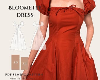 Cottagecore Kleid Schnittmuster PDF, Prinzessinnennähten, Innentaschen, anfängerfreundlich, US 0-18, Video Anleitung enthalten