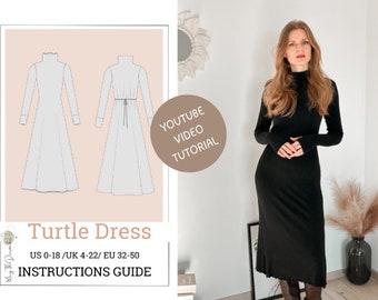 Chic Knit Dress with Turtle Neck & Thumbhole Cuffs, Sewing Pattern, dress patterns for women, pdf sewing pattern, ladies dress patterns