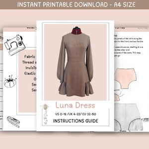 Patrón de costura en PDF para vestido con mangas abullonadas, detalles de volantes, vestido midi romántico, ideal para principiantes, tallas de mujer (EE. UU. 0-18), descarga instantánea. imagen 3