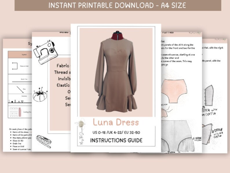 Patrón de costura en PDF para vestido con mangas abullonadas, detalles de volantes, vestido midi romántico, ideal para principiantes, tallas de mujer (EE. UU. 0-18), descarga instantánea. imagen 3