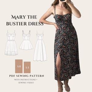 Może przedstawiać: Cyfrowy wzór szycia na sukienkę o nazwie "Mary the Bustier Dress". Wzór zawiera instrukcje i film instruktażowy. Sukienka jest midi, bez rękawów, z dopasowanym gorsetem i rozkloszowaną spódnicą. Wzór dostępny jest w rozmiarach A0 i A1.