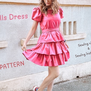 Ruffle Frills Dress Sewing Pattern: Balloon Sleeves, Elastic Waist (A4 PDF)