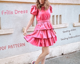 Digital Dress Pattern: Ruffle Panels, Balloon Sleeves, Elastic Waist -  Instant Download - A4 PDF sewing pattern