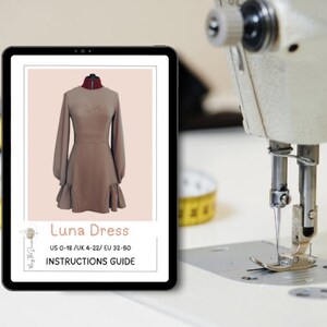 Patrón de costura en PDF para vestido con mangas abullonadas, detalles de volantes, vestido midi romántico, ideal para principiantes, tallas de mujer (EE. UU. 0-18), descarga instantánea. imagen 4