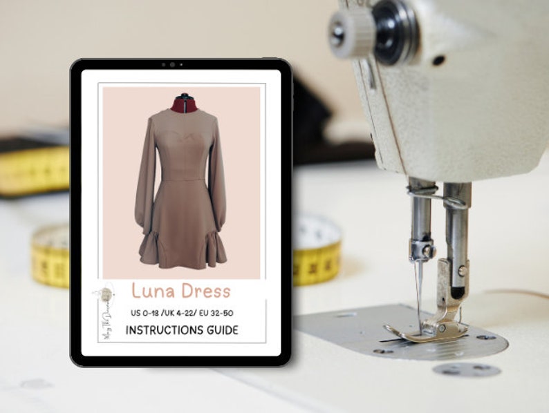 Patrón de costura en PDF para vestido con mangas abullonadas, detalles de volantes, vestido midi romántico, ideal para principiantes, tallas de mujer (EE. UU. 0-18), descarga instantánea. imagen 4