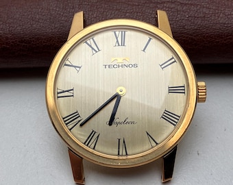 Reloj TECHNOS, 33,3 mm, regalo de cumpleaños, 17 rubíes, caja chapada en oro, estilo vintage, reloj de hombre, reloj en funcionamiento