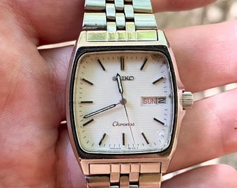 Vintage Seiko Chronos Quartz Watch: Gold Square Case, English