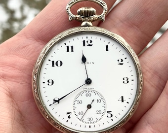 Reloj de bolsillo ELGIN, caja chapada en oro, esfera abierta, 7 rubíes, circa 1924, 50,8 mm, reloj de hombre, regalo de cumpleaños, reloj en funcionamiento