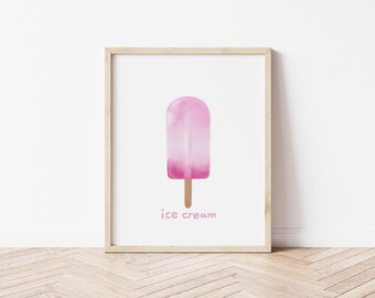 Ice Cream Print, Ice Cream Poster, Pink Ice Cream, Ice Cream Wall Art, Food Poster, Kitchen Printable, Kitchen Poster, Children's, Food Art