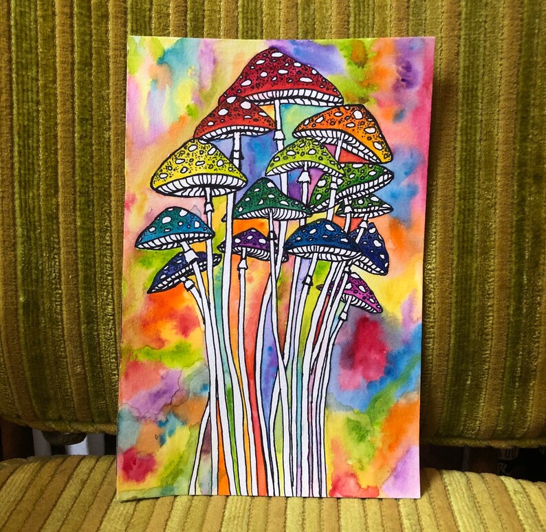 Trippy Mushroom Art Rainbow Amanita Mushroom Stoner Art Watercolor Painting Print Pride Art Fly Agaric
