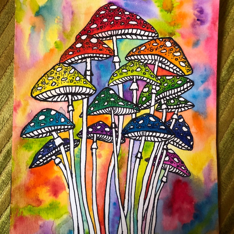 Trippy Mushroom Art Rainbow Amanita Mushroom Stoner Art Watercolor Painting Print Pride Art Fly Agaric