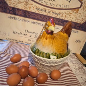 May include: A ceramic chicken-shaped egg holder with a white basket-weave base and a brown and yellow hen lid. The hen sits atop a green textured nest. Nine brown eggs are arranged on a striped cloth in front of the ceramic egg holder.