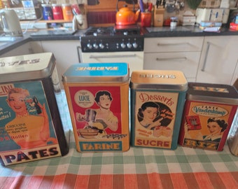 Set of 5 vintage replica storage tins pates, riz, farine, sucre, riz, epices. All great condition various sizes. Happy housewife  retro