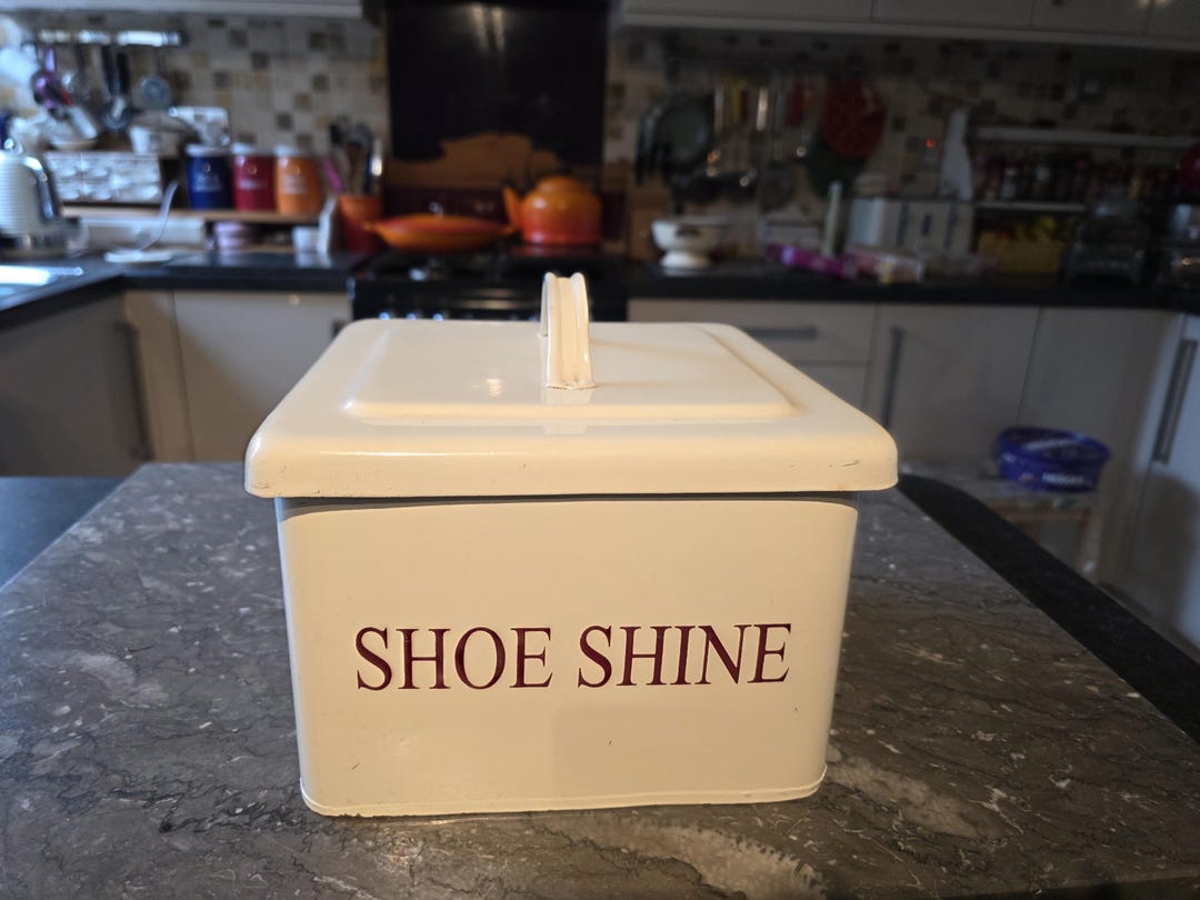 Vintage Type Tin Shoe Shine Storage Box Cream Burgundy Script. Very ...