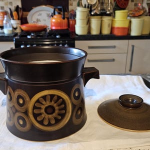 May include: A brown and cream ceramic serving dish with a lid. The dish features a floral pattern and is decorated with circles. The lid has a knob on top.