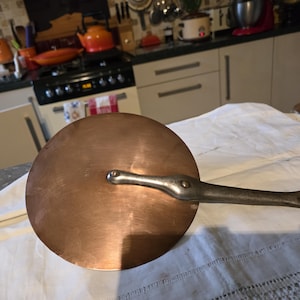 May include: A round copper pan lid with a long, riveted handle. The lid has a polished surface. The handle is made of a darker metal. Kitchenware, approximately 25 cm in diameter.