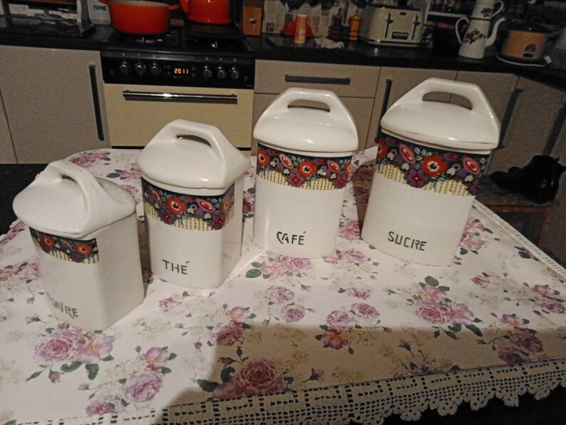 Antique French Ceramic Kitchen Storage Jars X 4 Floral White Etsy