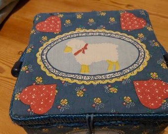 Vintage sewing basket crafter storage with some contents sheep design with hearts. Gift homes starter set.