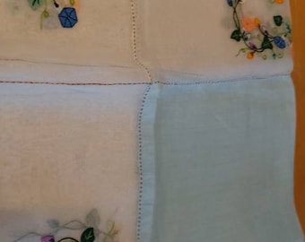 Stunning vintage small linen organza applique and embroidered blue white table cloth coured vines beautiful colours excellent condition