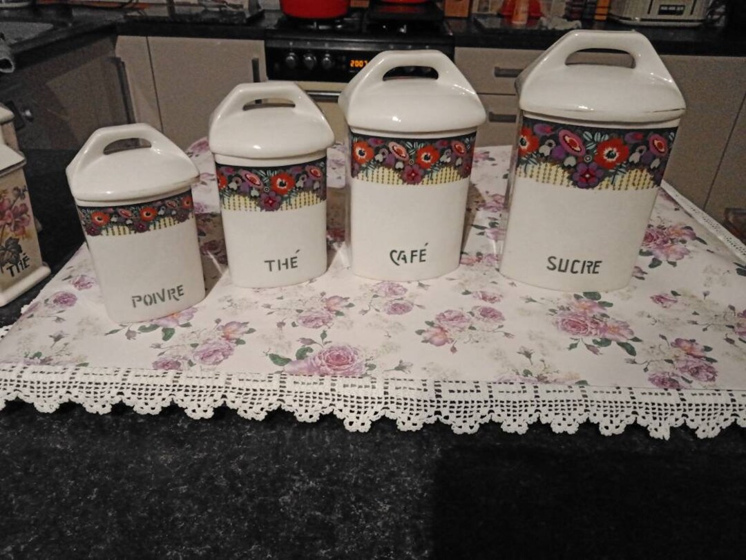 Antique French Ceramic Kitchen Storage Jars X 4 Floral White Etsy