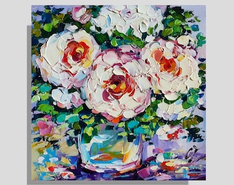 Peony Oil Painting: Flowers in Vase Impasto, Floral Original Art, 8x8 in