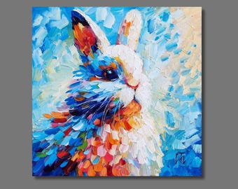 Pintura al óleo original de conejo, conejito colorido, retrato de animales, arte de pared de 8 x 8 pulgadas