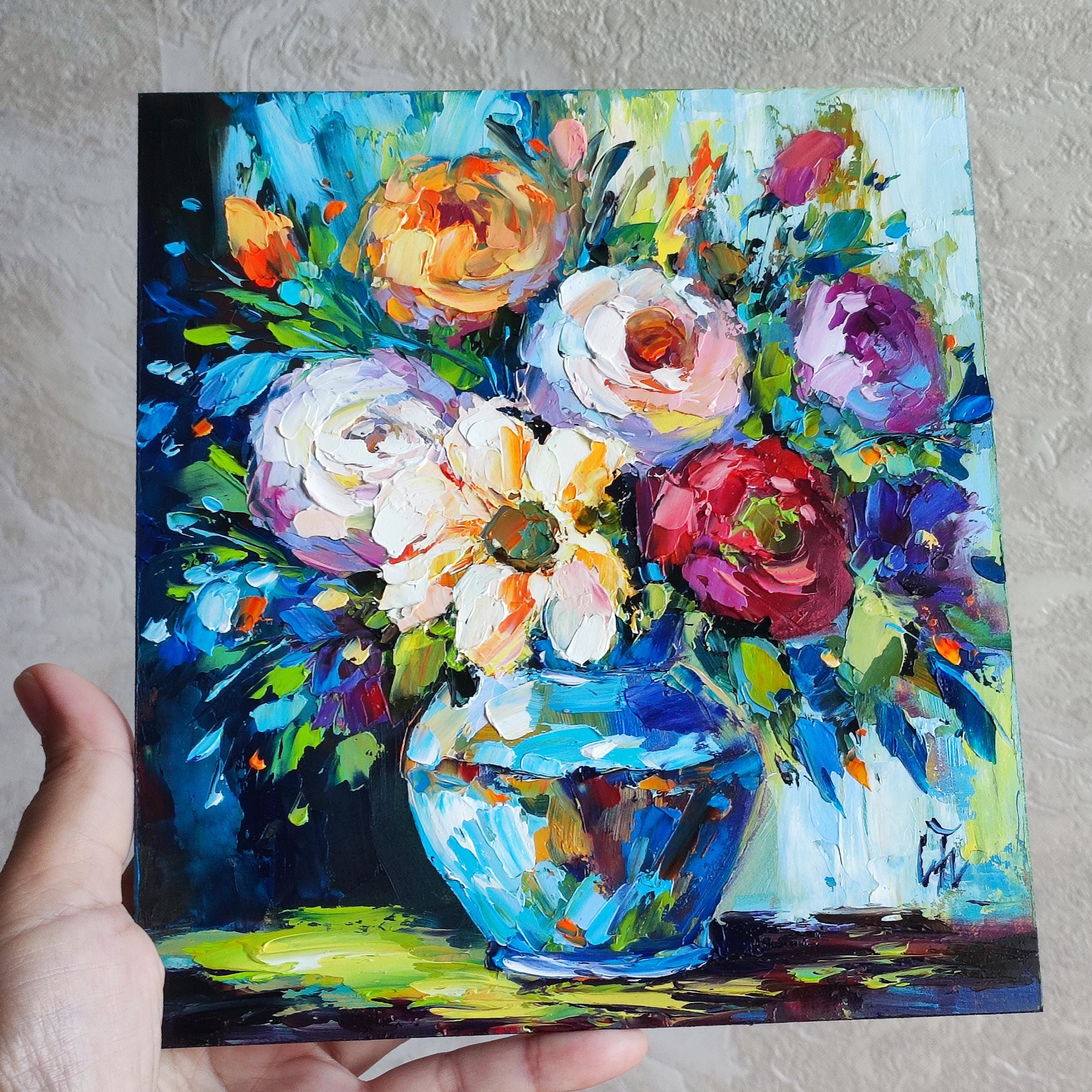 バラの油絵：抽象的な花瓶、花の静物画（8 x 7インチ） - Etsy 日本