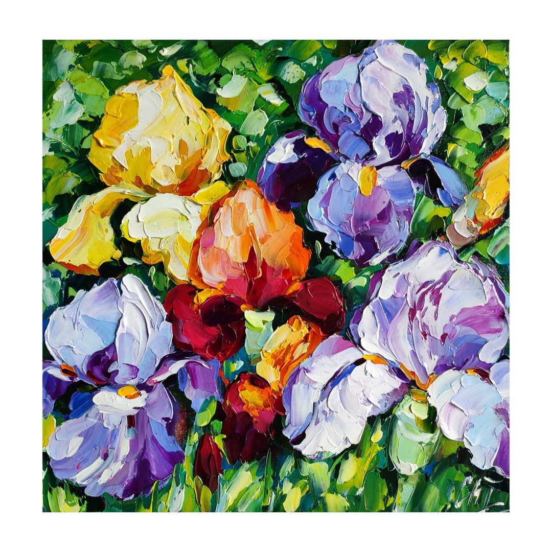 Iris Oil Painting: Colorful Flowers Impasto, Floral Original Wall Art ...
